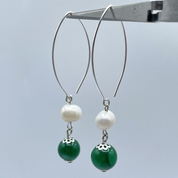 925 Sterling Silver Genuine Emerald Green Gemstone Pearl Dangle Hoop Earrings - Picture 1 of 10